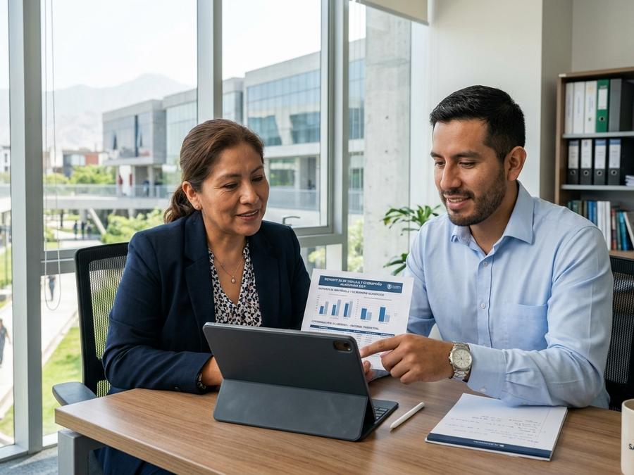 Dos personas del equipo directivo revisando indicadores en una tableta dentro de una oficina escolar.