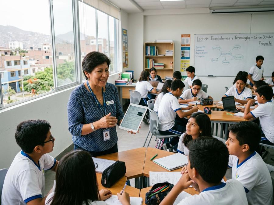 Docente conversando con su clase de secundaria mientras sostiene una tableta.