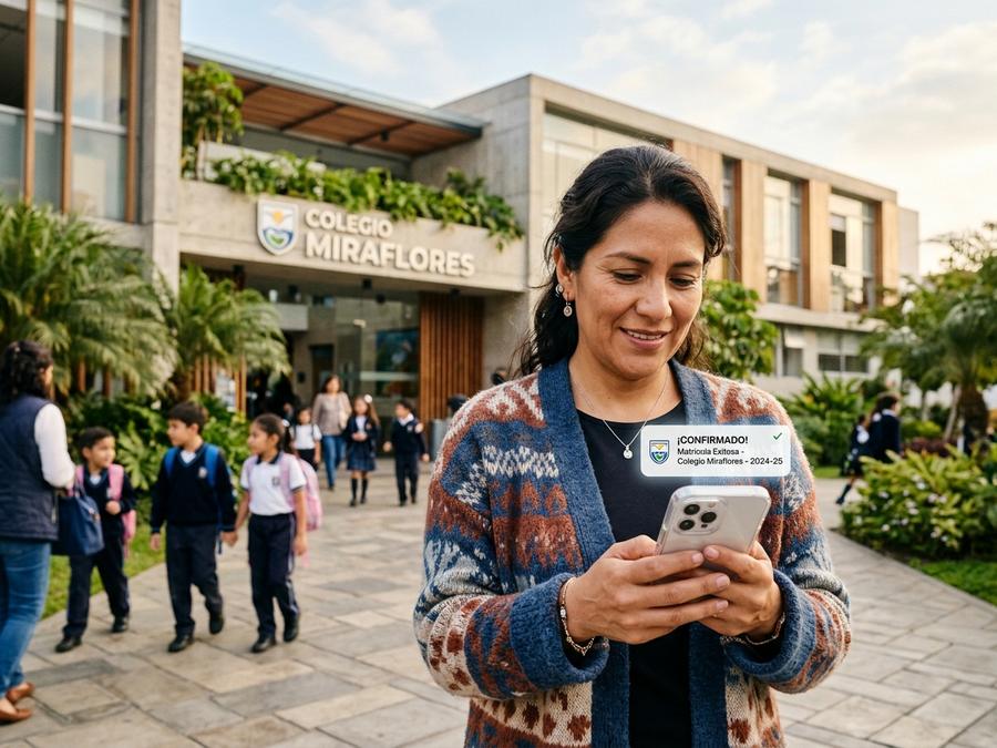 Madre consultando el celular en la puerta del colegio mientras los estudiantes ingresan.